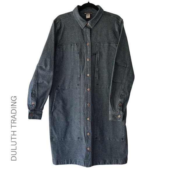 DULUTH TRADING CO | NWOT LONG DENIM JACKET CHORE UTILITY SNAP FRONT | LARGE - Picture 1 of 13